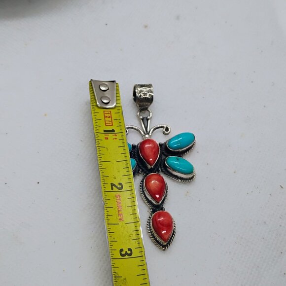 Southwest Dragonfly Pendant Sterling Silver Spiny Oyster Shell Turquoise 3" Long - Picture 4 of 8